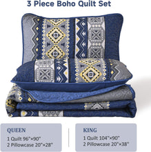 Load image into Gallery viewer, Boho Aztec Navy & Grey Reversible 3 Piece Quilt Set
