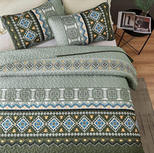 Load image into Gallery viewer, Boho Aztec Olive Green Reversible 3 Piece Quilt Set