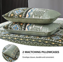 Load image into Gallery viewer, Boho Aztec Olive Green Reversible 3 Piece Quilt Set