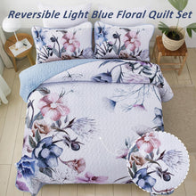 Load image into Gallery viewer, Botanical Purple & Light Blue Floral Reversible 3 Piece Quilt Set
