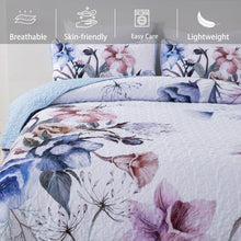 Load image into Gallery viewer, Botanical Purple & Light Blue Floral Reversible 3 Piece Quilt Set