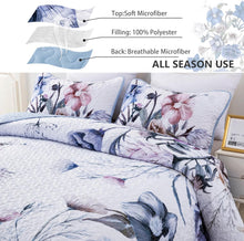 Load image into Gallery viewer, Botanical Purple & Light Blue Floral Reversible 3 Piece Quilt Set