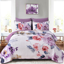 Load image into Gallery viewer, Botanical Purple Floral Reversible 3 Piece Quilt Set