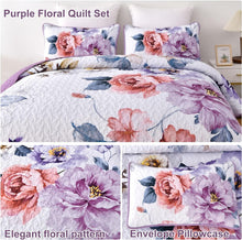 Load image into Gallery viewer, Botanical Purple Floral Reversible 3 Piece Quilt Set