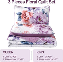 Load image into Gallery viewer, Botanical Purple Floral Reversible 3 Piece Quilt Set