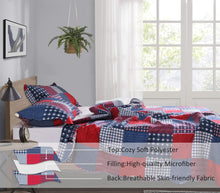 Load image into Gallery viewer, Red White & Blue Plaid Patchwork 3 Piece Bedding Quilt Set