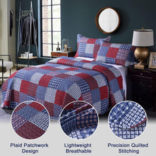 Load image into Gallery viewer, Red White & Blue Plaid Patchwork 3 Piece Bedding Quilt Set