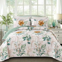 Load image into Gallery viewer, Botanical Sage Green & Golden Leaves Reversible 3 Piece Quilt Set