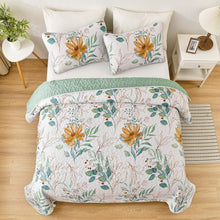 Load image into Gallery viewer, Botanical Sage Green & Golden Leaves Reversible 3 Piece Quilt Set