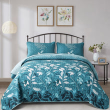 Load image into Gallery viewer, Botanical Teal Leaves Reversible 3 Piece Quilt Set
