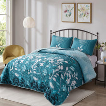 Load image into Gallery viewer, Botanical Teal Leaves Reversible 3 Piece Quilt Set