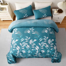Load image into Gallery viewer, Botanical Teal Leaves Reversible 3 Piece Quilt Set