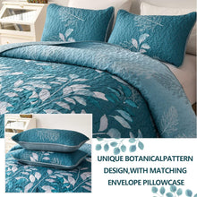 Load image into Gallery viewer, Botanical Teal Leaves Reversible 3 Piece Quilt Set