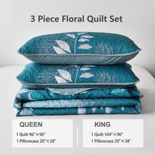 Load image into Gallery viewer, Botanical Teal Leaves Reversible 3 Piece Quilt Set