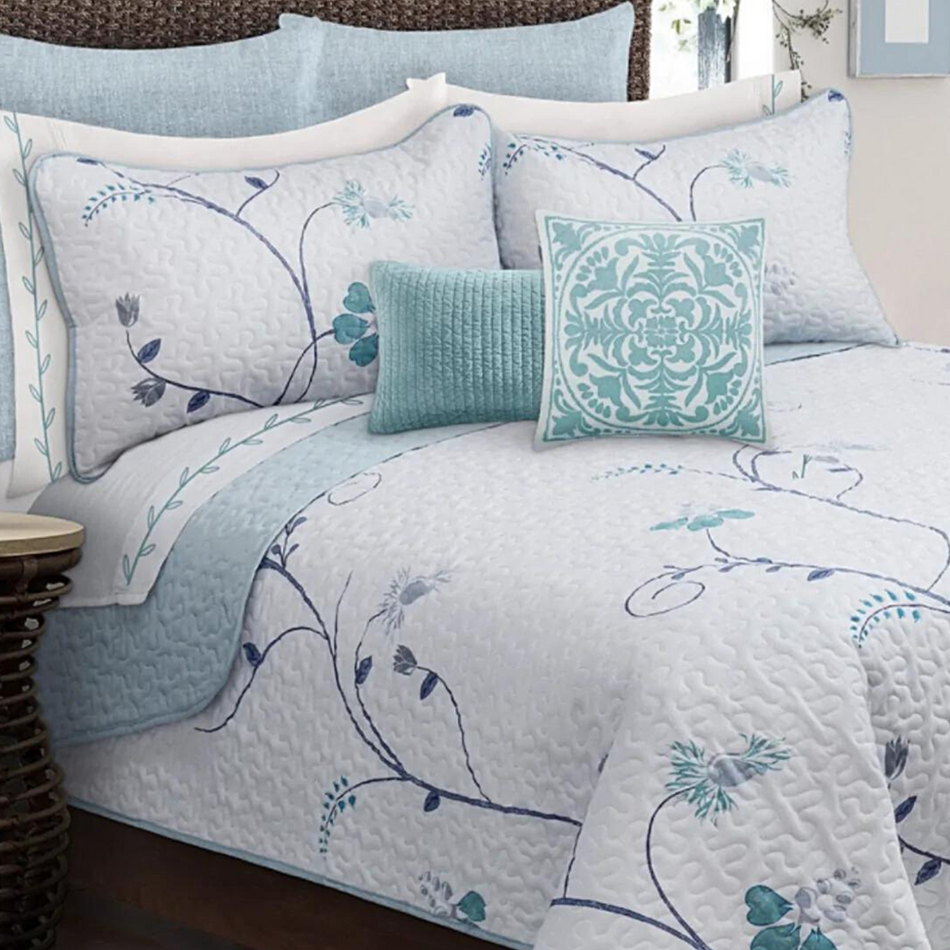 Blue & Teal Floral 2/3 Piece Bedding Quilt Set