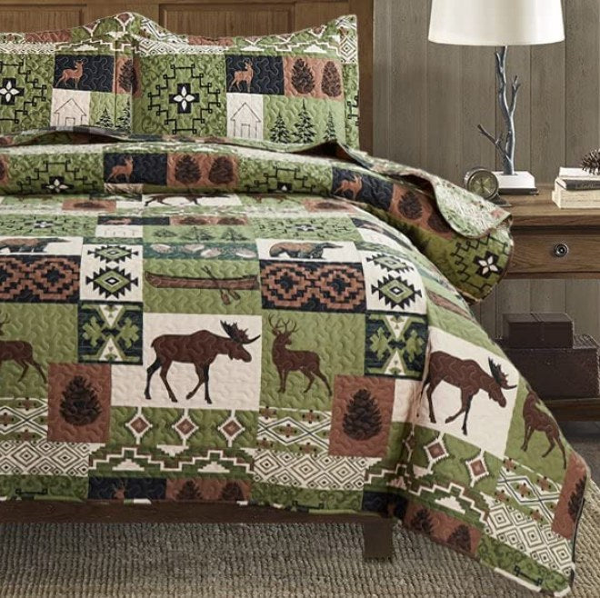 Lodge Moose & Deer Green-Brown 3 Piece Quilt Set