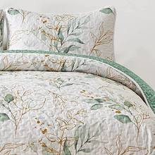 Load image into Gallery viewer, Botanical Green &amp; Gold Leaves Reversible 3 Piece Bedding Quilt Set
