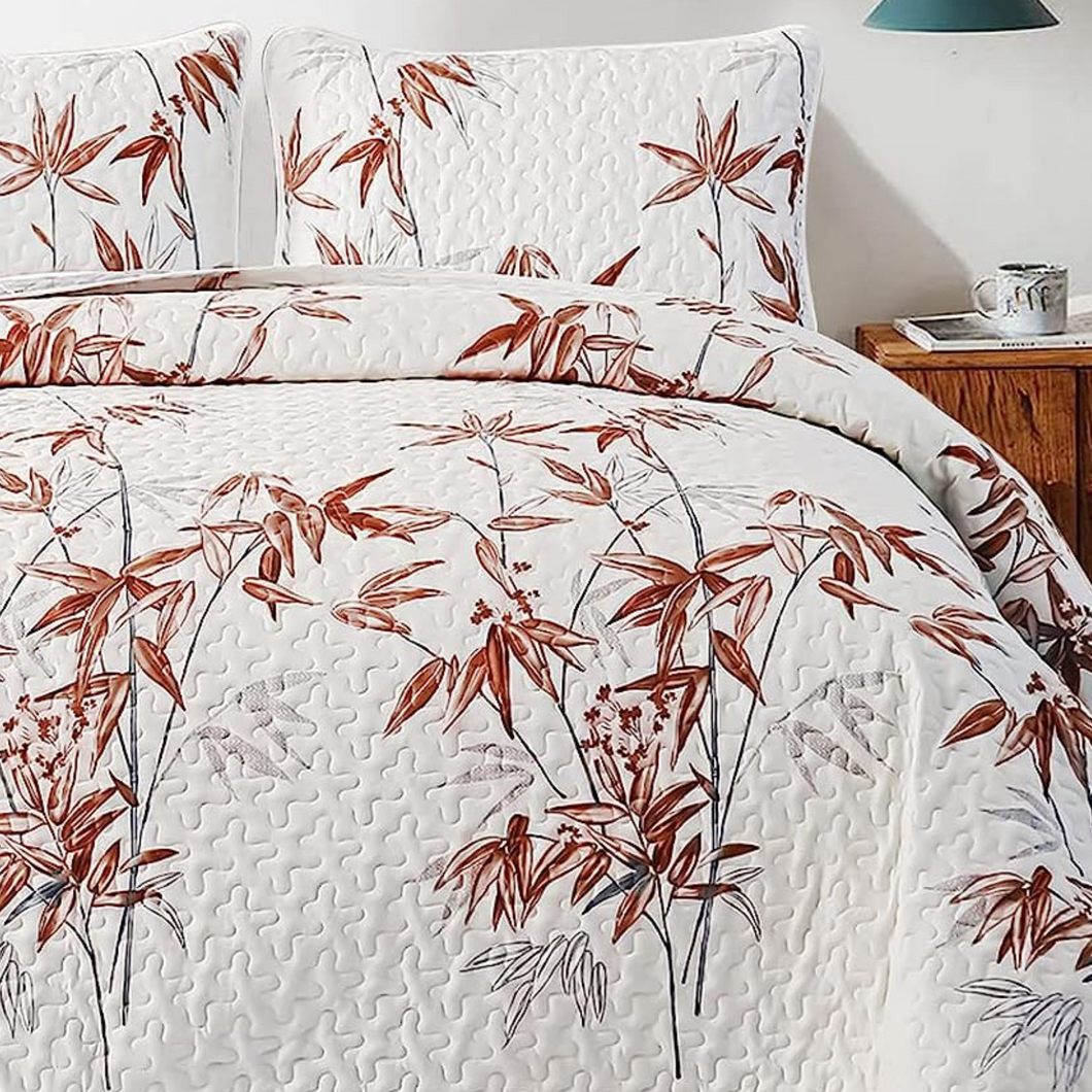 Botanical Burnt Orange Leaves Reversible 3 Piece Bedding Quilt Set