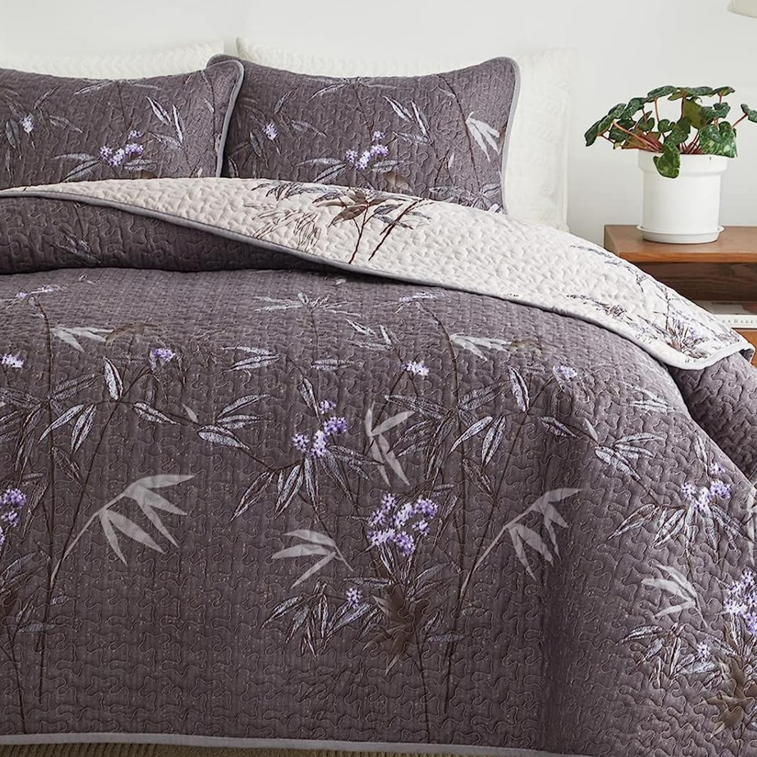 Botanical Black Leaves Reversible 3 Piece Bedding Quilt Set