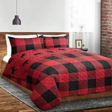 Load image into Gallery viewer, Red Black Buffalo Plaid Moose 3 Piece Bedding Quilt Set

