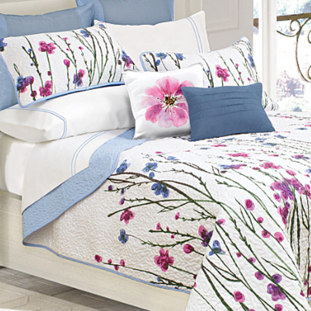 Pink & Blue Floral Reversible 3 Piece Bedding Quilt Set