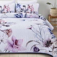 Load image into Gallery viewer, Botanical Purple &amp; Light Blue Floral Reversible 3 Piece Quilt Set
