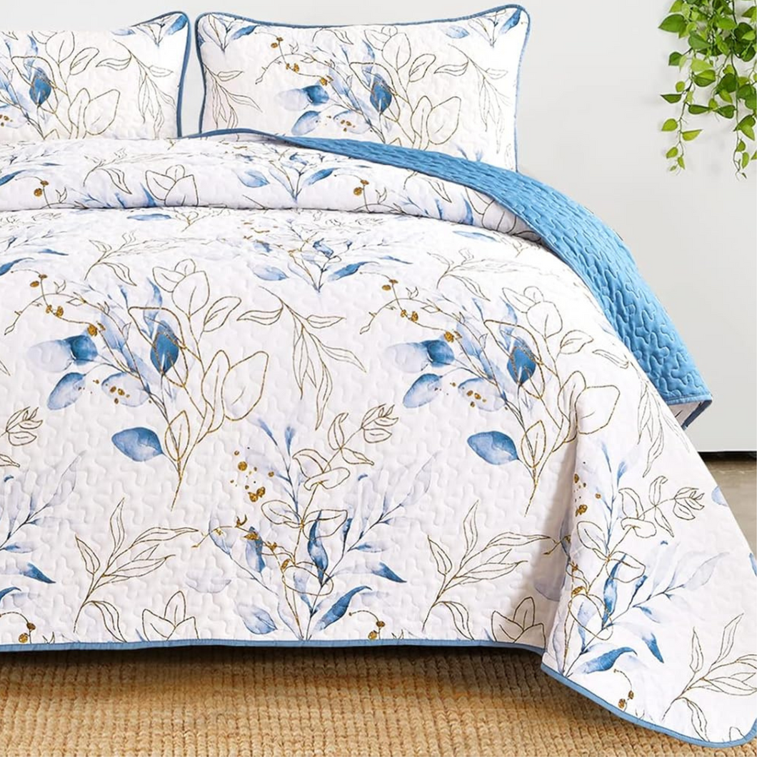 Botanical Blue & Gold Leaves Reversible 3 Piece Bedding Quilt Set