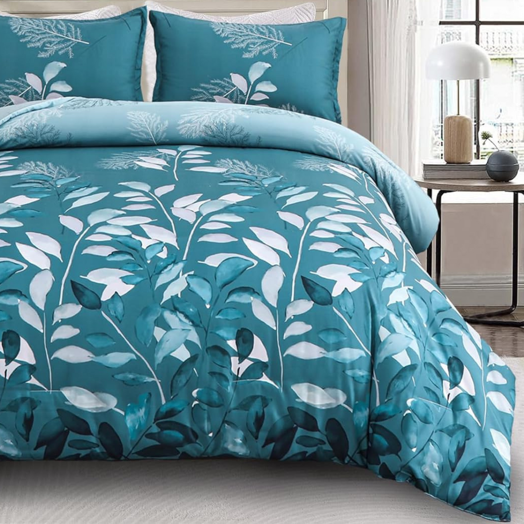 Botanical Teal Leaves 3 Piece Comforter Set