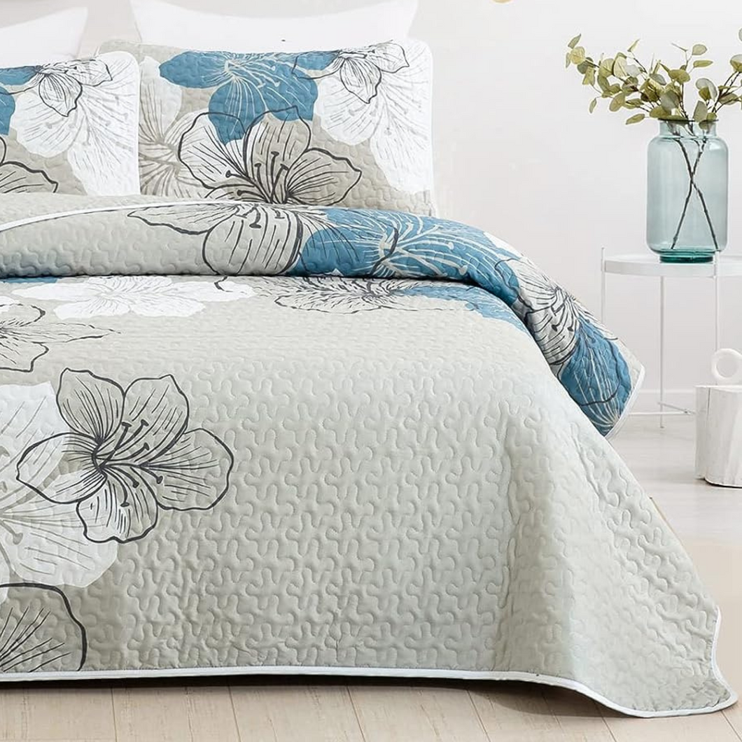 Blue Bohemian Floral 3 Piece Bedding Quilt Set