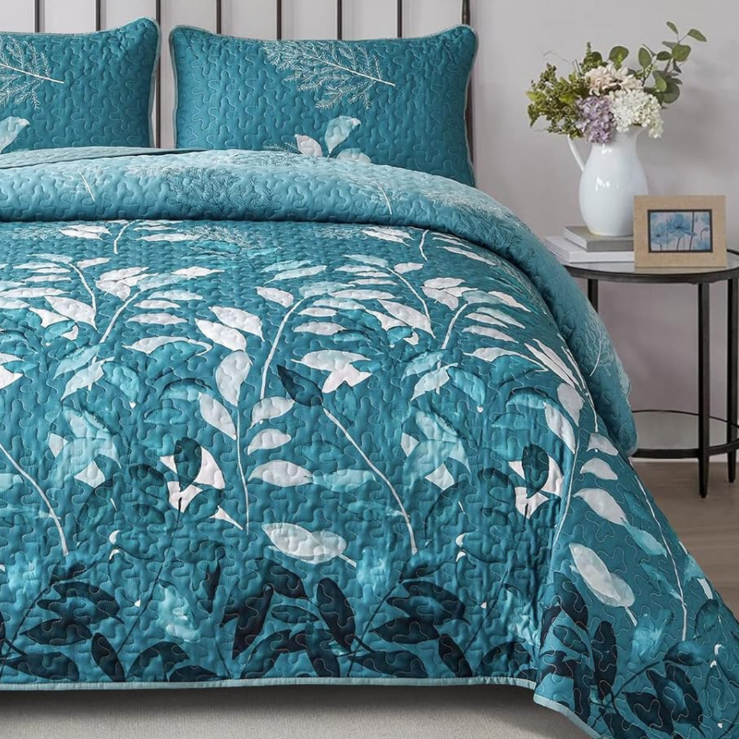 Botanic Quilt Botanical Teal Leaves Reversible 3 Piece Quilt Set – Maxtona
