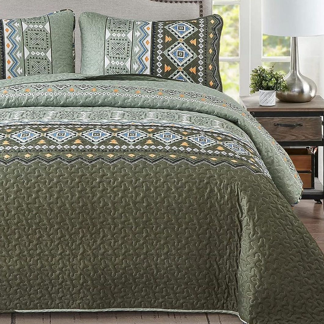 Boho Aztec Olive Green Reversible 3 Piece Quilt Set