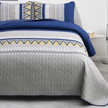 Load image into Gallery viewer, Boho Grey &amp; Navy Blue Reversible 3 Piece Quilt Set
