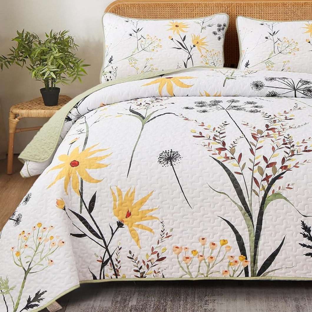 Country Rustic Floral 3 Piece Reversible Quilt Set