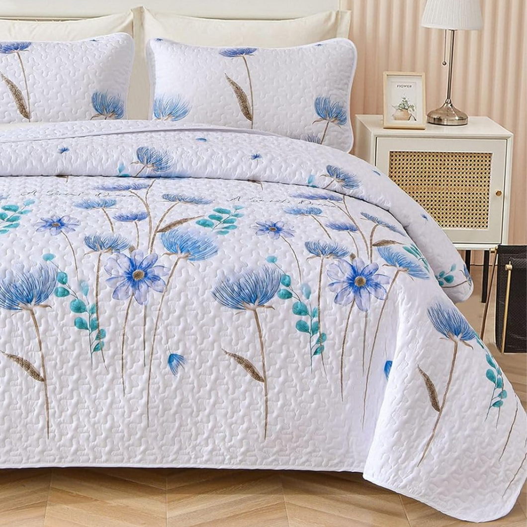 Blue Wild Flowers 3 Piece Bedding Quilt Set Maxtona