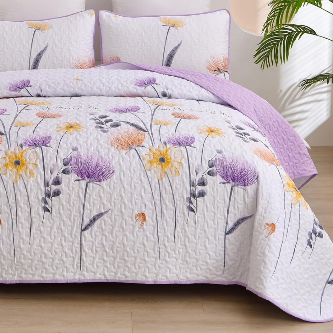 Purple & Yellow Floral 3 Piece Bedding Quilt Set