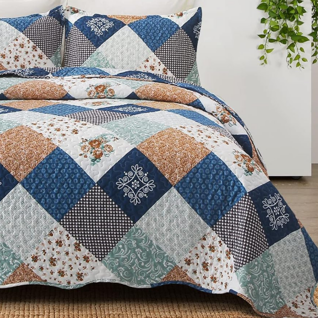 Blue & Beige Floral Patchwork 3 Piece Bedding Quilt Set