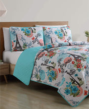 Load image into Gallery viewer, Eiffel Tower Aqua Blue Reversible 3 Piece Bedding Quilt Set
