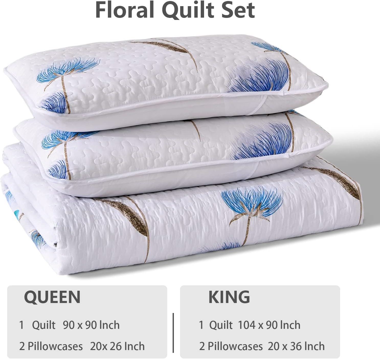 Blue Wild Flowers 3 Piece Bedding Quilt Set Maxtona
