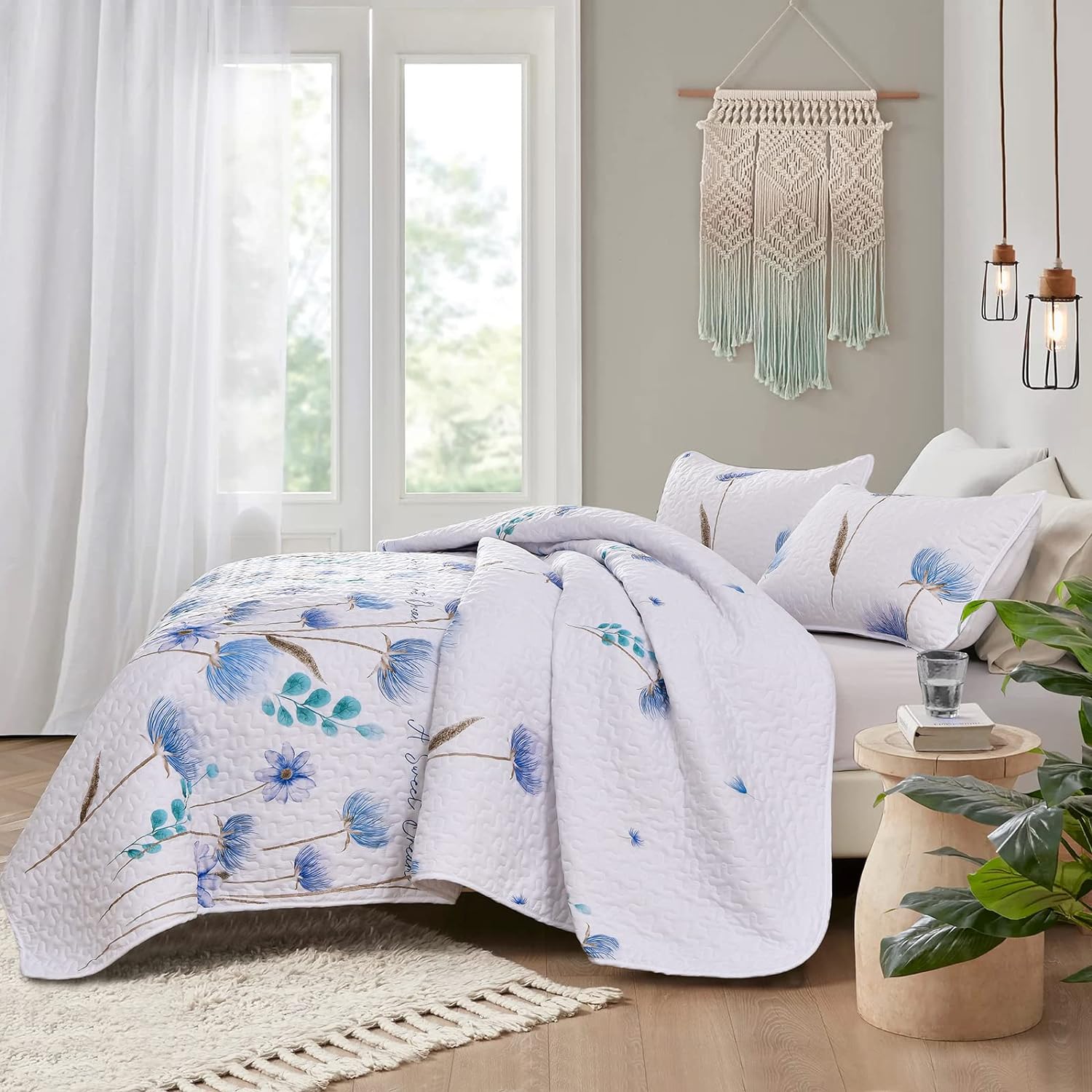 Blue Wild Flowers 3 Piece Bedding Quilt Set Maxtona