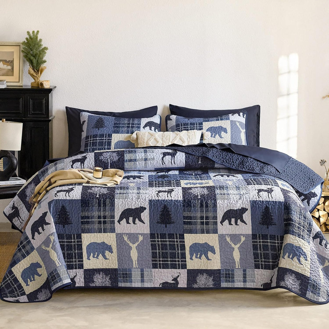 Rustic Blue Cabin Patchwork Reversible 3 Piece Bedding Quilt Set – Maxtona