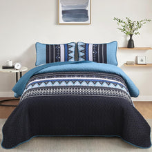 Load image into Gallery viewer, Boho Blue &amp; Black Reversible 3 Piece Quilt Set

