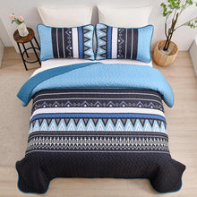 Load image into Gallery viewer, Boho Blue &amp; Black Reversible 3 Piece Quilt Set
