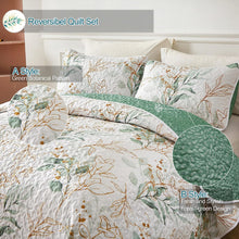 Load image into Gallery viewer, Botanical Green &amp; Gold Leaves Reversible 3 Piece Bedding Quilt Set
