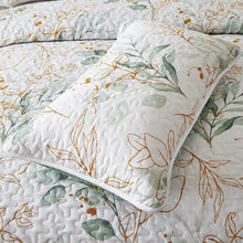 Load image into Gallery viewer, Botanical Green &amp; Gold Leaves Reversible 3 Piece Bedding Quilt Set
