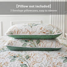 Load image into Gallery viewer, Botanical Green &amp; Gold Leaves Reversible 3 Piece Bedding Quilt Set
