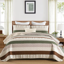 Load image into Gallery viewer, Boho Brown &amp; Green Stripes 3 Piece Bedding Quilt Set
