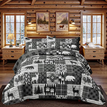 Load image into Gallery viewer, Buffalo Plaid Deer Reversible 3 Piece Bedding Quilt Set
