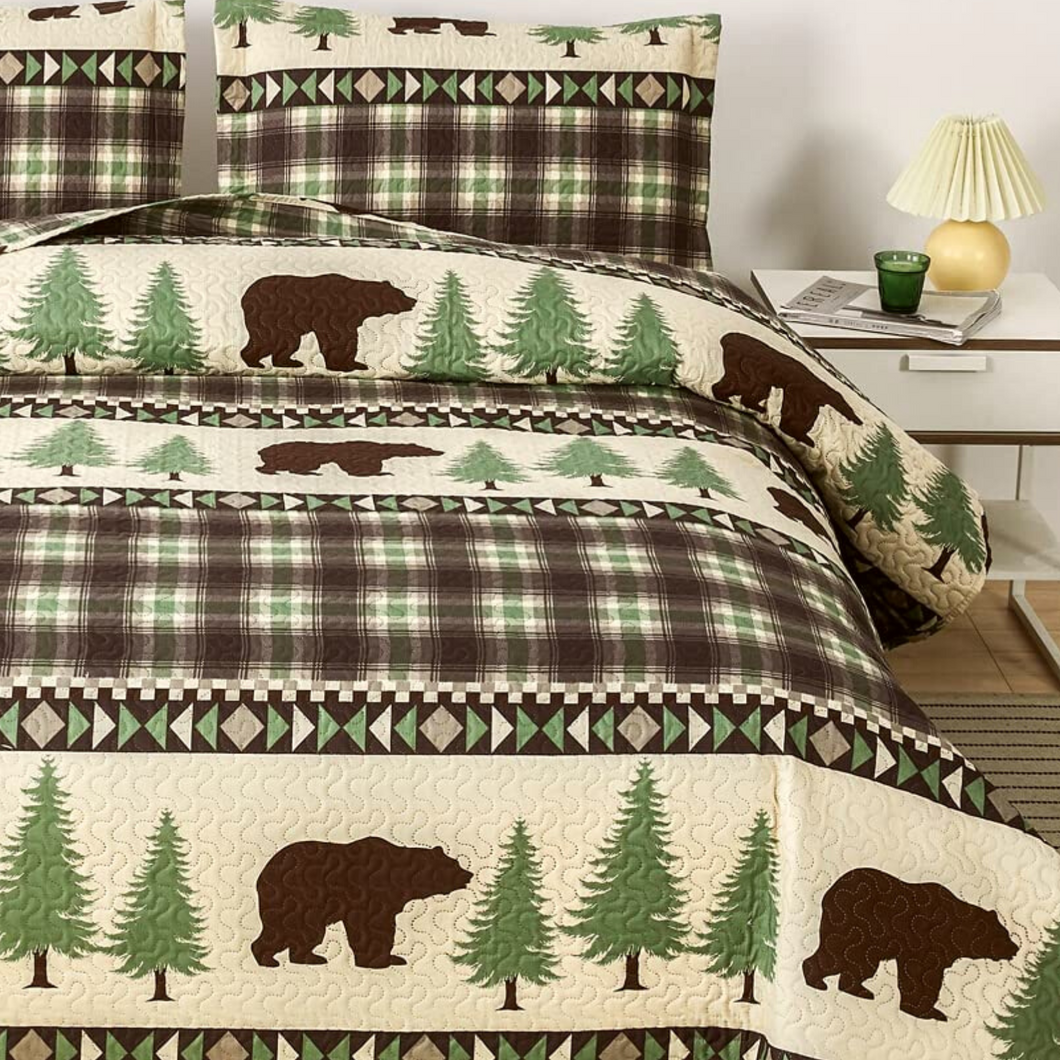 Cabin Bear Brown & Green 3 Piece Bedspread Set