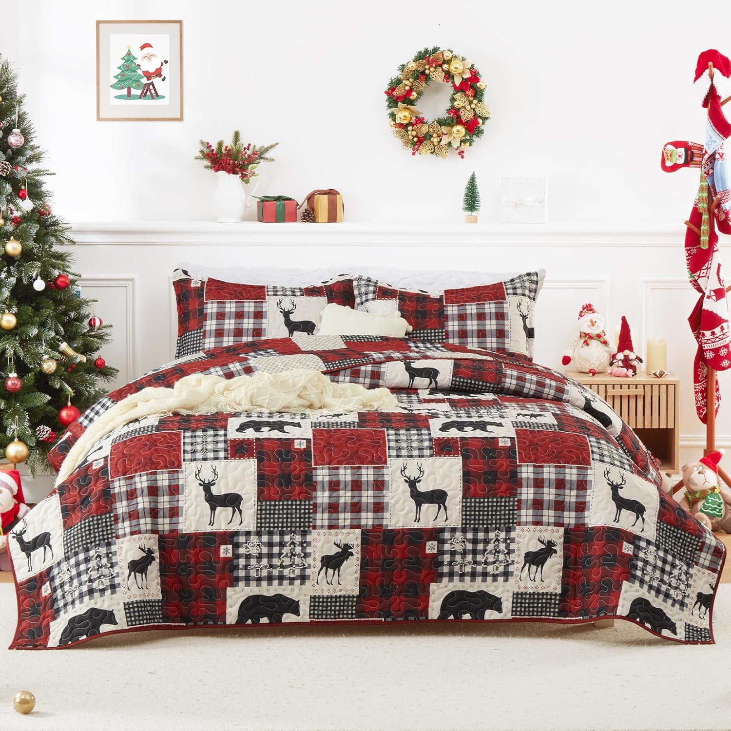 Checkered Patchwork Wildlife 3 Piece Bedding Quilt Set – Maxtona