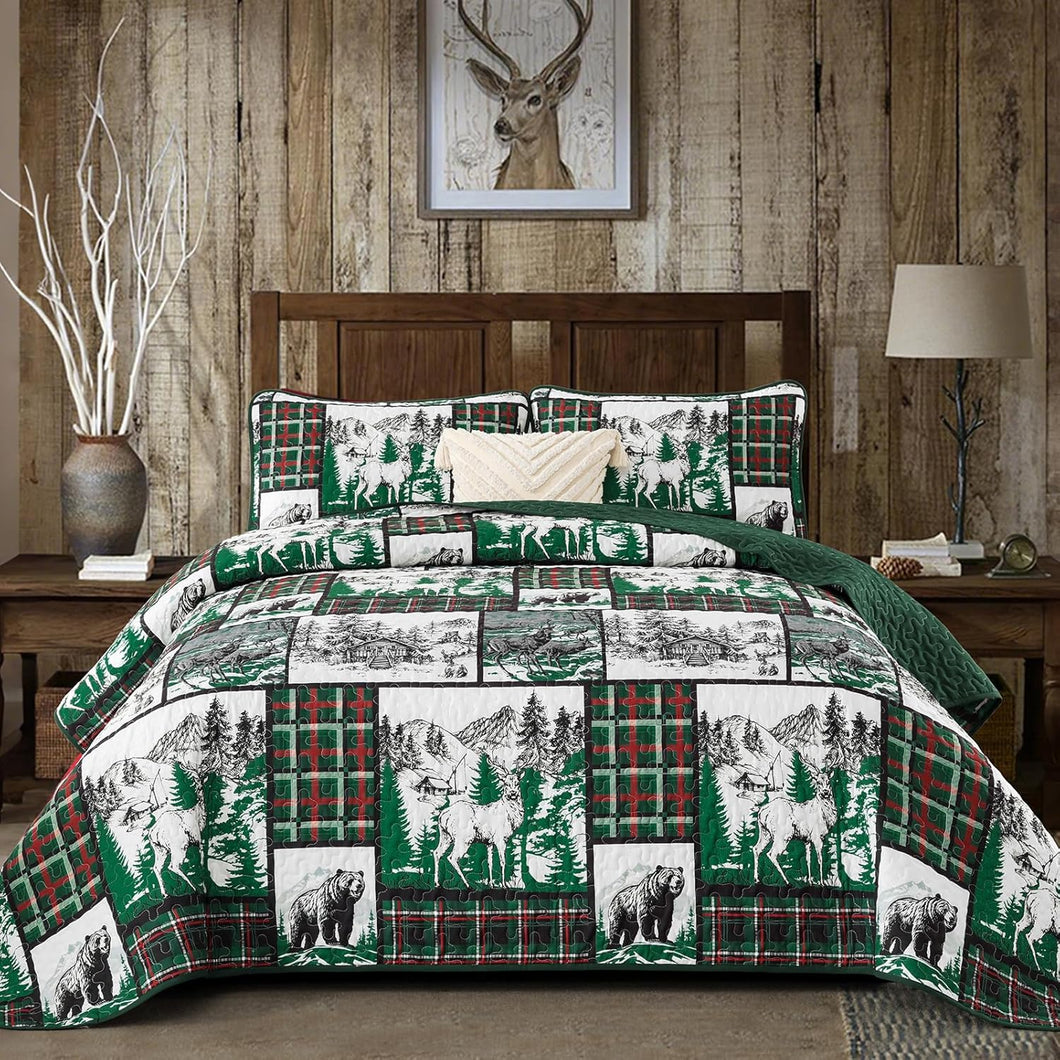 Rustic Green Cabin Patchwork Reversible 3 Piece Bedding Quilt Set – Maxtona